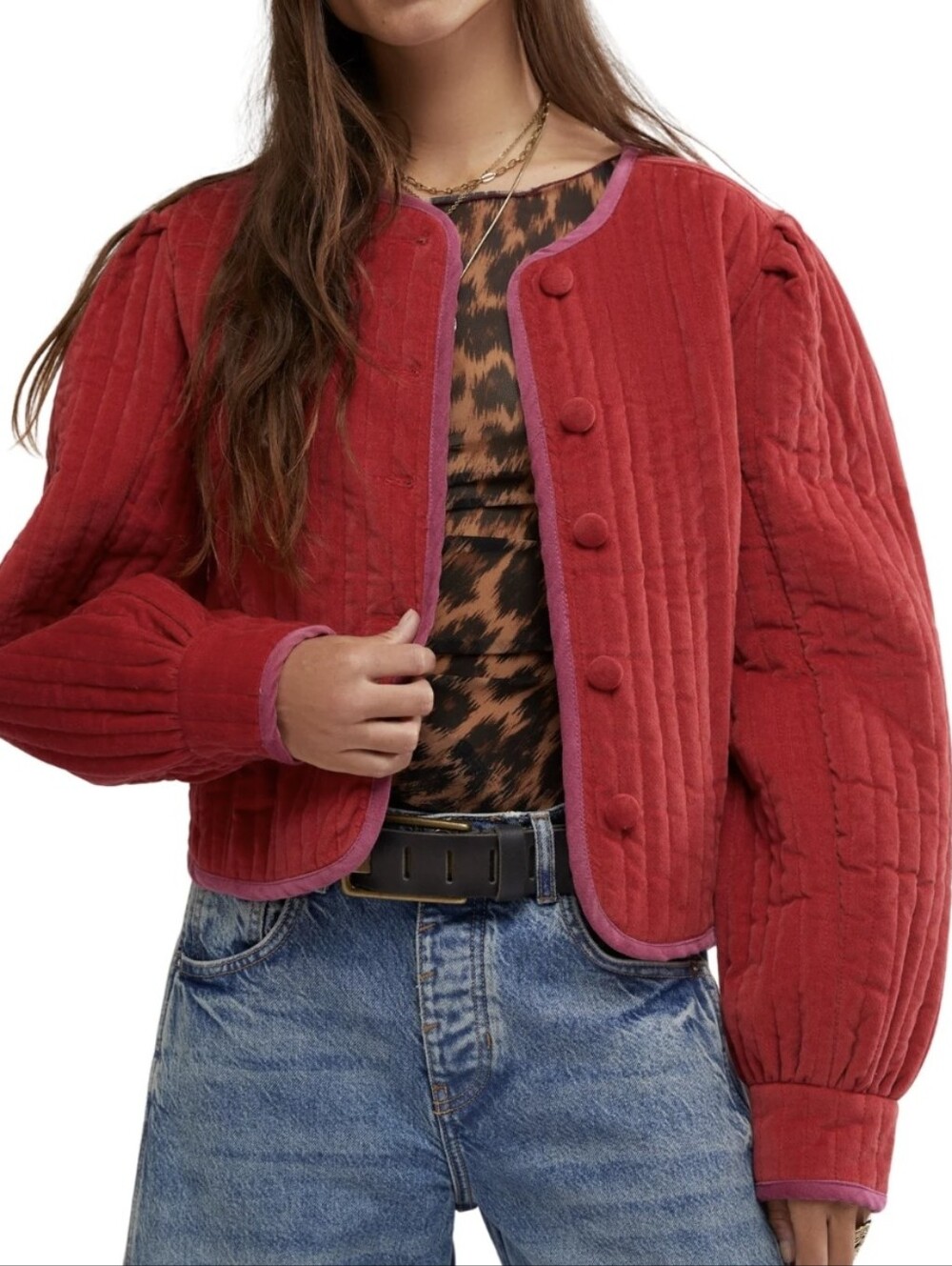 Free People Red Quilted Teddy Jacket with Pink Trim